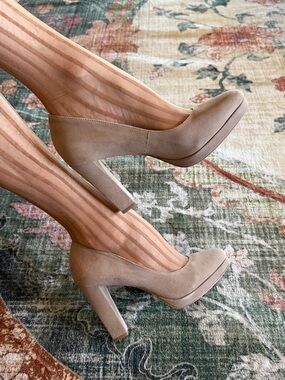 Vince Camuto Taupe Suede Block Heel Pumps